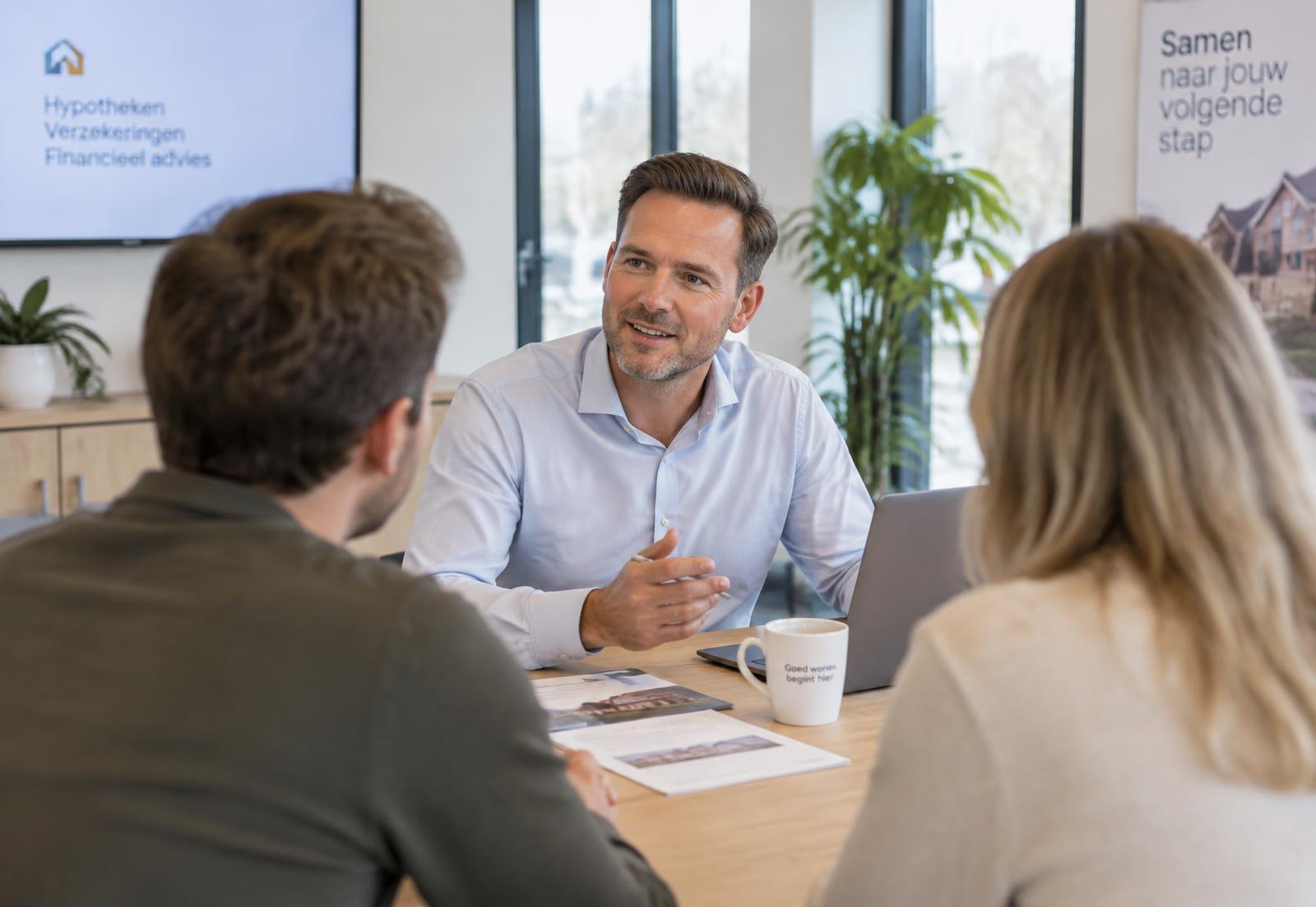 Hypotheekadviseur in gesprek met klanten aan tafel